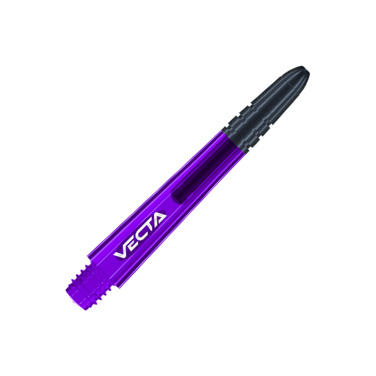Winmau Vecta Shafts - Viola Nero Das Bild zeigt einen lila und schwarzen Dart-Schaft mit der Aufschrift "VECTA". Der Schaft hat ein glattes, modernes Design und misst 37 mm.