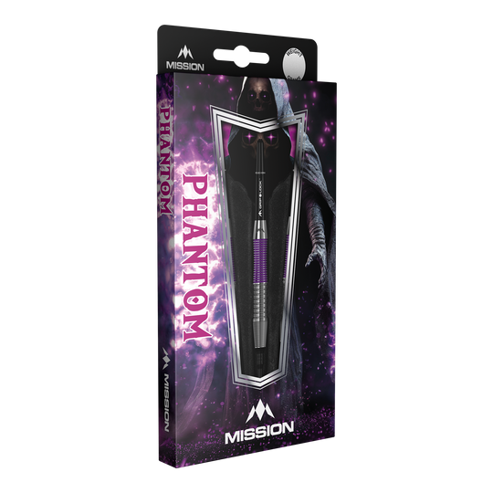 Freccette morbide Mission Phantom Brass - 18 g Die Abbildung zeigt die Mission Phantom Brass Softdarts mit einem Gewicht von 18g. Die Verpackung ist lila-schwarz gestaltet und zeigt einen mystischen Phantom-Charakter.