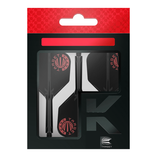 Target Japan K-Flex Logo originale Rosso Nero No6 Flight Shaft System Das Bild zeigt die Verpackung des Produkts "Target Japan K-Flex Original Logo Red Black No6 Flight-Shaft-System". Die Verpackung ist schwarz mit roten Akzenten und dem Target-Logo sichtbar.