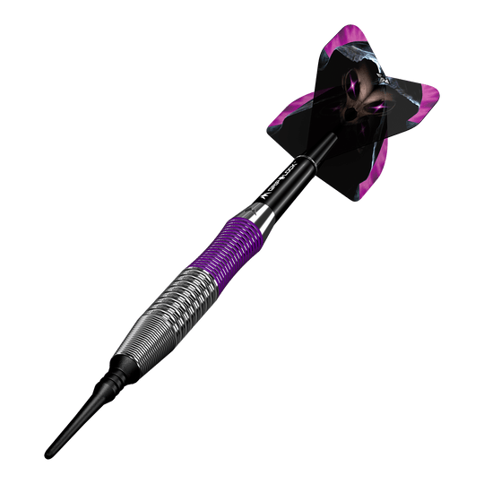 Freccette morbide Mission Phantom Brass - 18 g Dies ist ein Mission Phantom Brass Softdart mit einem Gewicht von 18g. Der Dart hat ein auffälliges Design mit lila und schwarzen Akzenten.