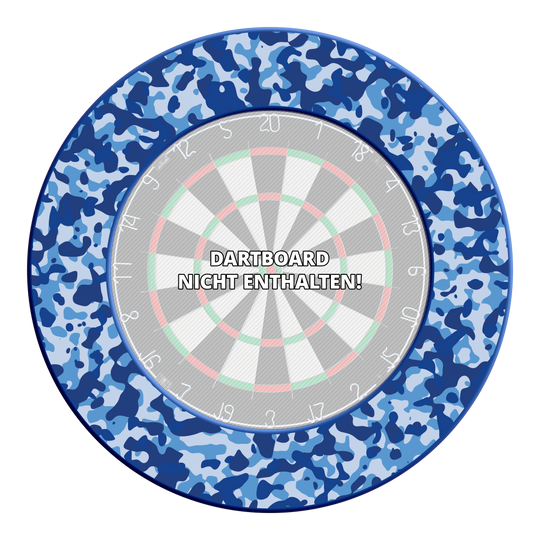 Das Foto zeigt das DBS-CAMO6 McDart Camo Dartboard Surround in Marine-Blau. Es dient als schützende Umrandung für Dartboards.