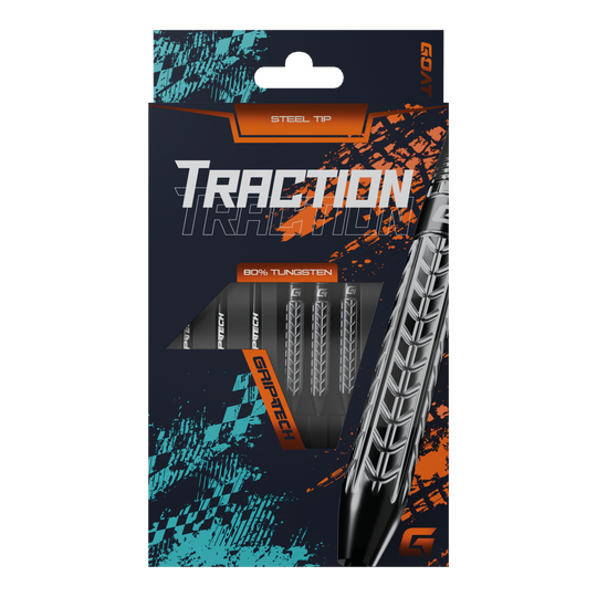 Freccette in acciaio al tungsteno GOAT Traction Die Abbildung zeigt die Verpackung der "GOAT Traction Tungsten Steeldarts" mit Stahlspitzen. Auf der Vorderseite ist das auffällige Design und der Hinweis auf 80% Tungsten sowie GRIPTECH deutlich sichtbar.