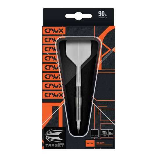 Freccette morbide Target Japan Crux Brave - 18,5 g Das Bild zeigt die Verpackung des Produkts "Target Japan Crux Brave Softdarts - 18,5g". Der Dartpfeil ist gut sichtbar in einer schwarzen und orangefarbenen Box präsentiert.