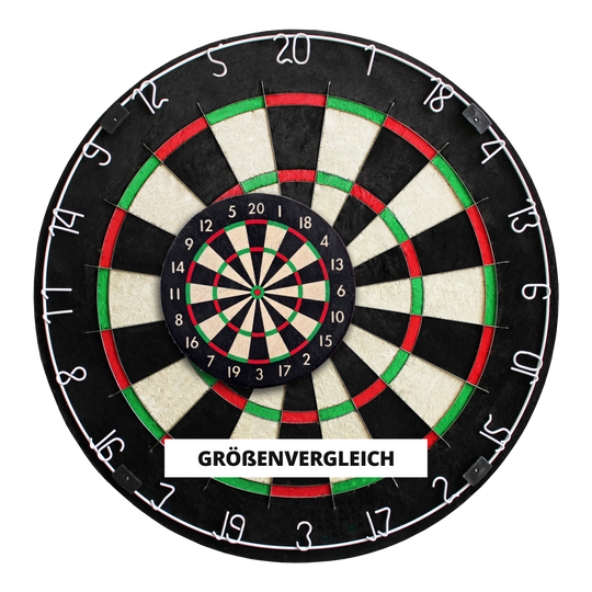 Set di freccette da tavolo Ruthless Mini Das Bild zeigt zwei Dartscheiben, eine große und eine kleine, die übereinander gelegt wurden. In der Mitte steht das Wort "Größenvergleich" auf einem weißen Streifen.