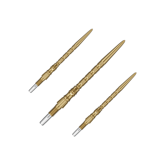 Ein Set von Target SwissPoint Signature TRB Dartspitzen in Gold mit 35mm Länge wird gezeigt. Die Dartspitzen sind zusammen abgebildet.