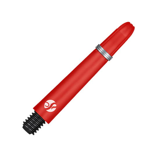 Shot Koi Carbon Shafts - Rosso Auf dem Bild ist ein roter Carbon-Schaft für Dartpfeile zu sehen. Er hat ein silbernes Ringdetail und ein schwarzes Schraubgewinde am Ende.