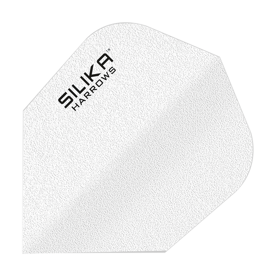 Harrows Silice solida, rivestimento cristallino resistente, alette bianche No6 Das Bild zeigt ein weißes Dart-Flight mit der Aufschrift "SILIKA HARROWS". Es hat eine strukturierte Oberfläche und gehört zur Produktreihe "Silika Solid Tough Crystalline Coating White No6 Flights".