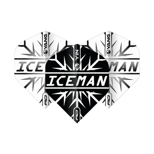 Das Bild zeigt Dart-Flights in einem Yin-Yang-Design in Schwarz und Weiß mit dem Schriftzug "ICEMAN" in der Mitte. Das Muster erinnert an Eiskristalle und trägt das Markenlogo "Red Dragon".