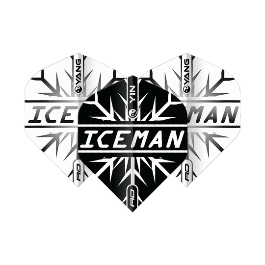 Red Dragon Gerwyn Price Iceman Nero Bianco Yin Yang Voli Standard Das Bild zeigt Dart-Flights in einem Yin-Yang-Design in Schwarz und Weiß mit dem Schriftzug "ICEMAN" in der Mitte. Das Muster erinnert an Eiskristalle und trägt das Markenlogo "Red Dragon".