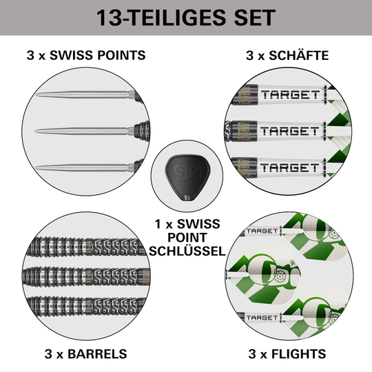 Freccette in acciaio Target Charlie Manby Swiss Points Das Bild zeigt die Target Charlie Manby Swiss Points Steeldarts. Sie eignen sich für professionelle Dartspieler.