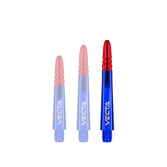 Das Bild zeigt drei Dartschäfte in den Farben Blau und Rot. Auf jedem Schaft steht der Schriftzug „VECTA“.