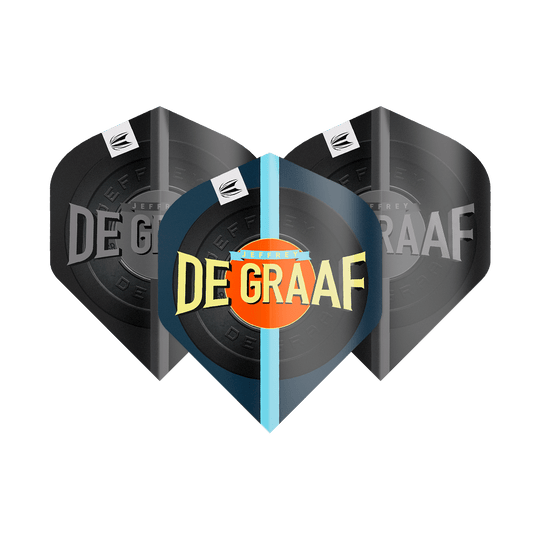 Das Bild zeigt drei Sätze Target Pro Ultra Jeffrey De Graaf GEN1 No2 Standard Flights. Auf den Flights steht groß „DE GRAAF“ und sie haben ein modernes Design in Schwarz und Blau.