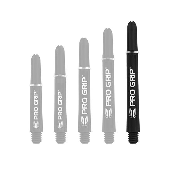 Das Bild zeigt fünf schwarze Target Pro Grip Shafts in unterschiedlichen Längen. Auf jedem Shaft steht in weißer Schrift "PRO GRIP".