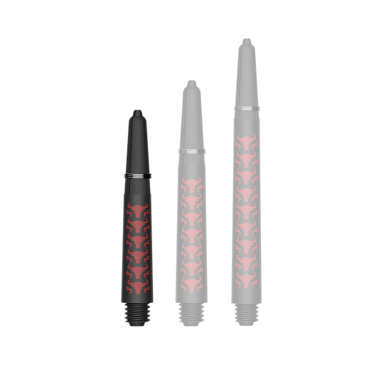 Aste in carbonio Bulls NL Capo - Rosse Zu sehen ist ein Dartzubehör, speziell eine Capo Carbon Shaft in Rot und kurzer Ausführung mit 34mm Länge. Das Produkt dient vermutlich als Teil eines Dartpfeils.