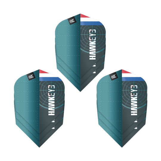 Target Pro Ultra Kevin Does GEN1 No6 Flights - 3 set Das Bild zeigt drei Sätze der Target Pro Ultra Kevin Doets GEN1 No6 Flights. Die Flights sind blau-grün und haben das Wort "Hawkeye" sowie ein Target-Design und eine kleine Flagge.