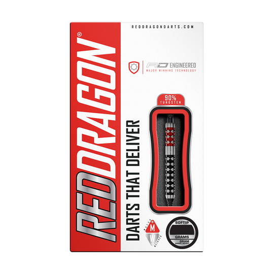 RD2549_Red_Dragon_Crossfire_Softdarts_3 Die Verpackung zeigt die "Red Dragon Crossfire Softdarts - 20g" mit einem modernen Design. Die Darts bestehen aus 90% Tungsten und sind für Softtip-Spiele geeignet.
