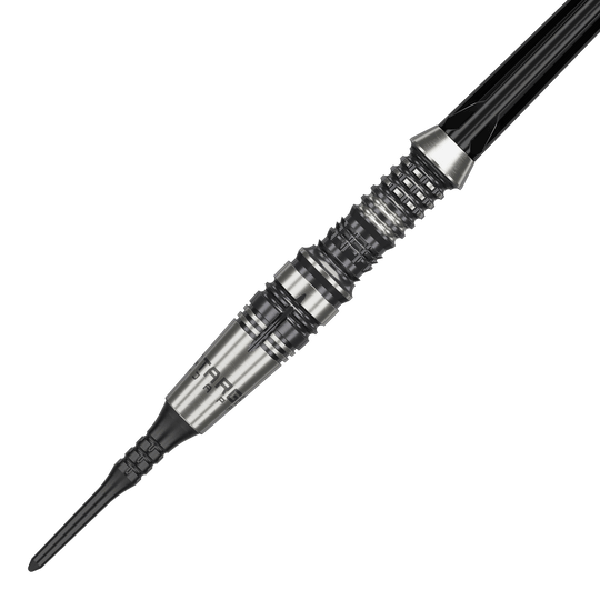 Target Japan Black Marque Heracles Soft Darts - 18 g Das Bild zeigt einen Target Japan Black Marque Heracles Softdart mit einem Gewicht von 18g. Der Dartpfeil hat ein silbernes, fein geriffeltes Barrel und eine schwarze Spitze.