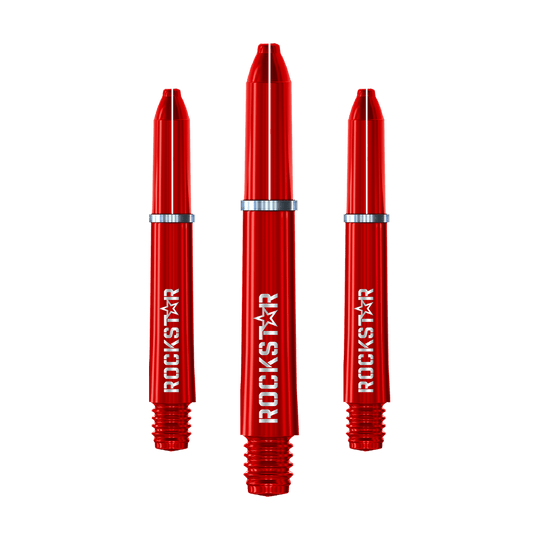 Alberi in nylon Winmau Joe Cullen Rockstar Auf dem Bild sind drei rote Nylon-Dartschäfte mit der Aufschrift "ROCKSTAR" zu sehen. Sie haben silberne Ringe und sind nebeneinander angeordnet.