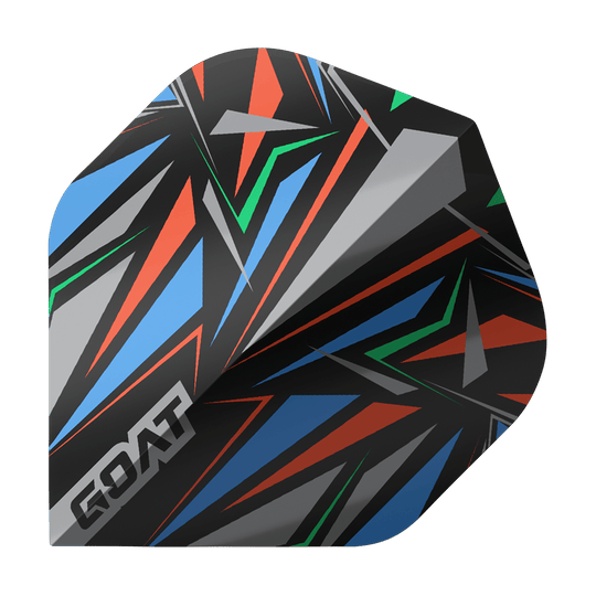 Das Bild zeigt das Produkt "GOAT Athlete Black No2 Standard Flights". Es hat ein auffälliges, geometrisches Muster in Schwarz mit blauen, roten, grünen und grauen Akzenten.