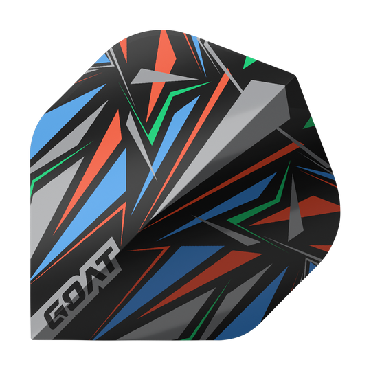 Voli standard GOAT Athlete Black No2 Das Bild zeigt das Produkt "GOAT Athlete Black No2 Standard Flights". Es hat ein auffälliges, geometrisches Muster in Schwarz mit blauen, roten, grünen und grauen Akzenten.