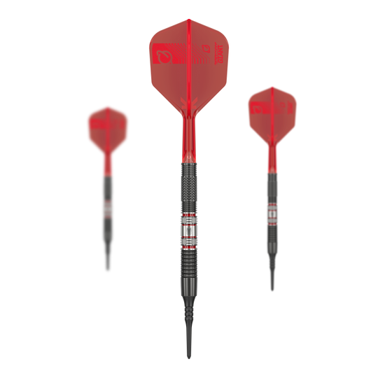 Freccette morbide Target Gabriel Clemens 95K - 19 g Das Bild zeigt drei Softdarts des Modells "Target Gabriel Clemens 95K Softdarts - 19g". Die Darts haben rote Flights und einen silber-schwarzen Barrel mit markanten Rillen.