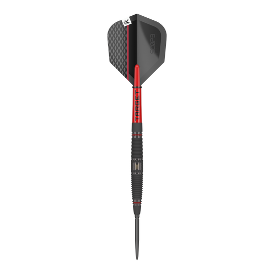 Target Scope 04 freccette in acciaio Swiss Point Dies ist der Target Scope 04 Swiss Point Steeldart. Er hat ein modernes Design mit schwarzen und roten Akzenten.