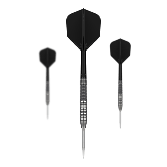 Freccette in acciaio Target Japan Black Marque Lumiere GEN3 Das Bild zeigt drei Steeldarts mit schwarzen Flights und silbernen Spitzen. Es handelt sich um das Produkt "Target Japan Black Marque Lumiere GEN3 Steeldarts".