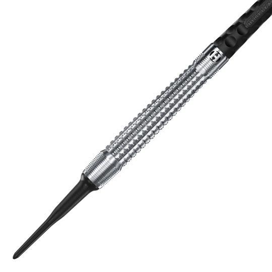 Freccette morbide coniche Harrows Dimplex S3 Das Bild zeigt einen Harrows Dimplex S3 Tapered Softdart. Der Dartpfeil hat eine silberne, geriffelte Metallspitze und einen schwarzen Schaft.