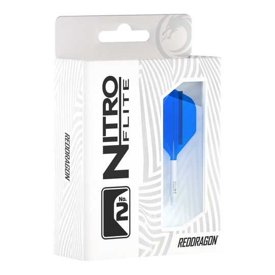Red Dragon Nitroflite - White Shaft Blue No2 Flights Die Abbildung zeigt eine Packung Red Dragon Nitroflite mit einem weißen Schaft und blauen No2-Flights. Die Verpackung ist überwiegend weiß mit einem Sichtfenster, durch das der blaue Flight zu sehen ist.