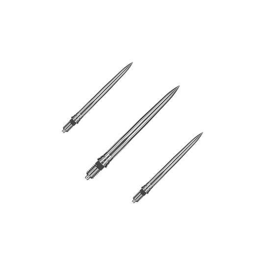 Punte per freccette Caliburn EZ-EVO - Lisce - Argento Das Bild zeigt ein Set aus glatten silbernen Dartspitzen. Die Spitzen sind ordentlich nebeneinander angeordnet.