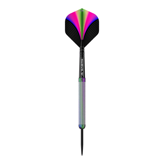Freccette in acciaio PVD Mission Aurora Coral - 23 g Das Bild zeigt den Mission Aurora Coral PVD Steeldart mit einem Gewicht von 23g. Der Dartpfeil hat bunte, schillernde Farben und ein modernes Design.