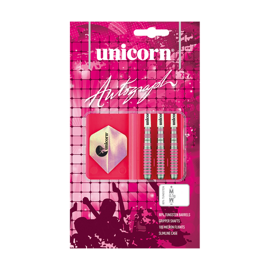 06020_Unicorn_Autograph_Steeldarts_3 Das Bild zeigt eine Verpackung der "Unicorn Autograph Steeldarts". In der Verpackung befinden sich drei Steeldarts sowie Zubehör, alles auf einem pinken Hintergrund.