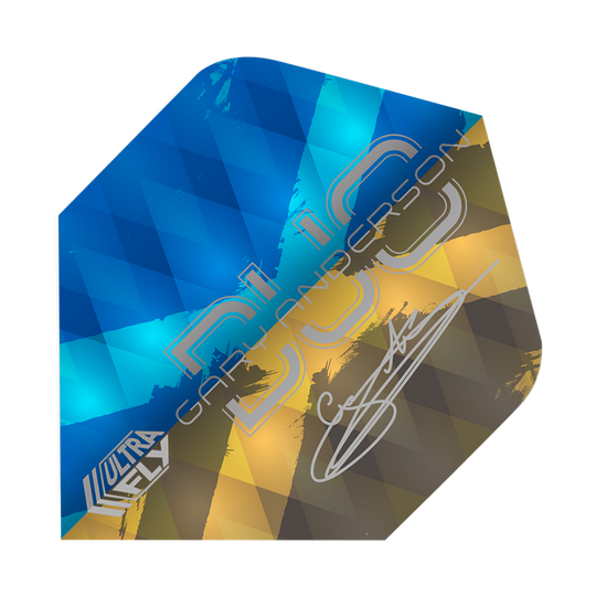 Voli Unicorn Ultrafly 100 Gary Anderson Duo Plus Das Bild zeigt ein Dart-Flight der Marke Unicorn Ultrafly 100 Gary Anderson Duo Plus. Das Flight hat ein Muster in Blau, Gelb und Braun und trägt die Unterschrift von Gary Anderson.