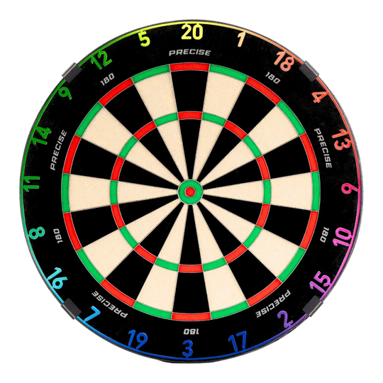 Bersaglio per freccette in acciaio Precise 180 Endorphine con anello numerico - Spectrum Zu sehen ist das Precise 180 Endorphine Steeldartboard mit Nummernring – Spectrum. Das Dartboard ist frontal abgebildet.