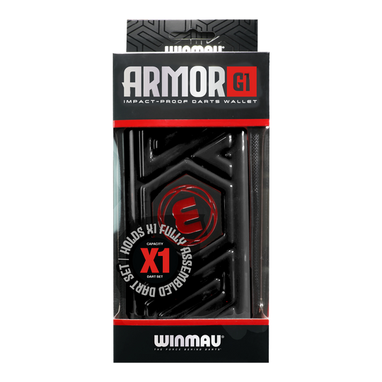Portafoglio per freccette Winmau Armor G1 Das Bild zeigt eine schwarze Darttasche von Winmau mit dem Namen "Armor G1". Die Verpackung betont, dass sie stoßfest ist und ein vollständig montiertes Dart-Set aufnehmen kann.