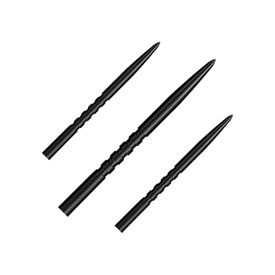 Auf dem Bild sind drei schwarze Steeldartspitzen zu sehen. Sie haben eine geriffelte Griffzone und eine spitze Form.