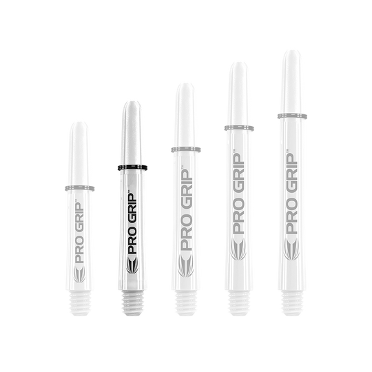 Target Pro Grip Shafts - 3 set - Bianco Auf dem Bild sind fünf weiße Dart-Schäfte in verschiedenen Längen zu sehen. Sie tragen alle die Aufschrift "PRO GRIP".