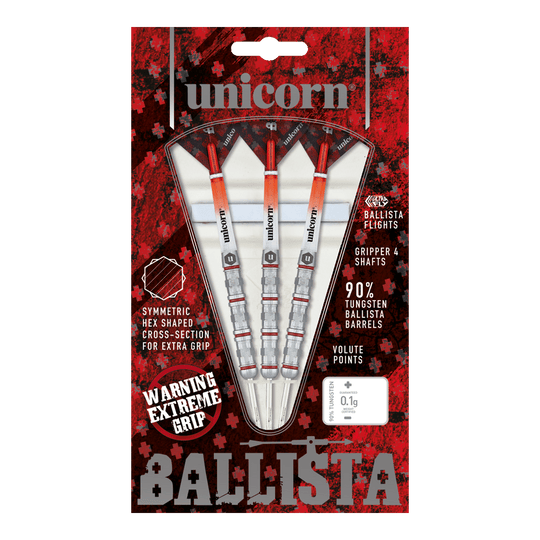 Unicorn Ballista Style 4 dardi in acciaio Auf dem Bild ist das Produkt "Unicorn Ballista Style 4 Steeldarts" zu sehen. Die Verpackung zeigt drei Steeldarts mit auffälligem Design und betont ihre hohe Griffigkeit und den 90%igen Wolframanteil.