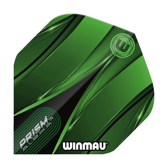 Voli standard Winmau Alpha Sniper Green Das Bild zeigt ein Winmau Alpha Sniper Green Standard Flight für Darts. Das Flight ist überwiegend grün mit schwarzen und weißen Designelementen und trägt die Aufschriften "PRISM ALPHA" und "WINMAU".