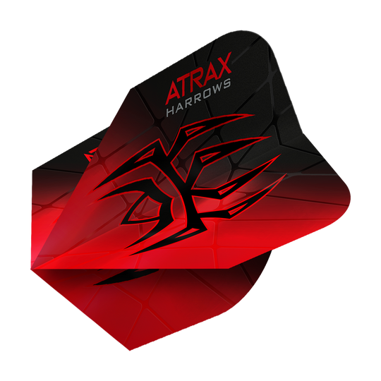 Voli Atrax Prime No6 di Harrow Das Bild zeigt das Produkt "Harrows Atrax Prime No6 Flights". Die Dartflight ist rot und schwarz mit einem markanten, grafischen Muster und dem Schriftzug "ATRAX HARROWS".