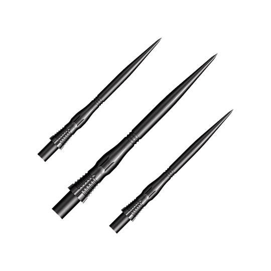 Punte per freccette in acciaio con cono a smerlo - Nero - 35 mm Das Bild zeigt drei schwarze Steeldart-Spitzen des Modells "Shot Cone Scallop" mit einer Länge von 35 mm. Sie sind lang, schmal und haben ein markantes, geriffeltes Design am Schaft.