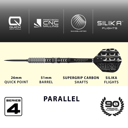 Freccette in acciaio Quick Point Harrows Dave Chisnall Chizzy Series 4 Das Bild zeigt die Harrows Dave Chisnall Chizzy Series 4 Quick Point Steeldarts. Die Darts sind professionell und bekannt für ihre hohe Qualität.