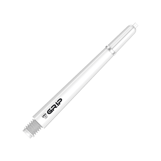 BS55059_Bulls_B-Grip-2_SL_Shafts_Weiss_48mm_2 Das Bild zeigt einen weißen Dartshaft des Produkts "Bulls B-Grip-2 SL Shafts". Auf dem Schaft ist das Wort "GRIP" zusammen mit einem kleinen "B"-Logo zu sehen.