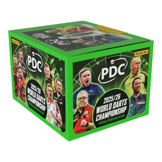 Panini PDC World Darts Championship 2025/26 - Cofanetto con copertina morbida e scatola di adesivi Hier abgebildet ist noch einmal das Panini PDC World Darts Championship 2025/26 Softcover Bundle mit einer Stickerbox. Das Bundle ist ideal für Stickersammler der Darts-Weltmeisterschaft.