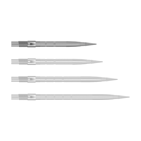 Punte per freccette Harrows Quick Point Micro Ridge - Argento Silberne Harrows Quick Point MicroRidge Dartspitzen mit 26 mm Länge werden dargestellt. Die Spitzen liegen einzeln auf einer hellen Oberfläche.