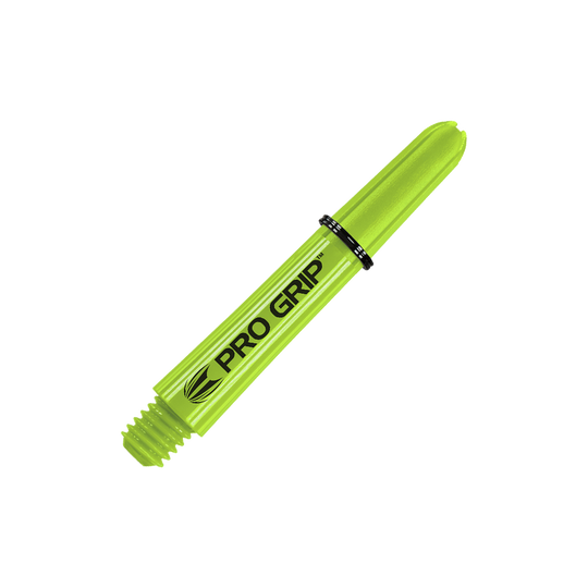 Target Pro Grip Shafts - 3 set - Verde lime Das Bild zeigt einen limegrünen Dartshaft mit der Aufschrift "PRO GRIP". Der Schaft hat ein Schraubgewinde an einem Ende und ist 34 mm lang.