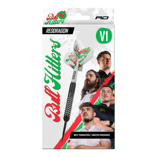 Freccette in acciaio Red Dragon Bullhitters V1 - 23 g Das Bild zeigt die Red Dragon Bullhitters V1 Steeldarts mit einem Gewicht von 23g. Diese Darts sind für das Steeldart-Spiel geeignet.