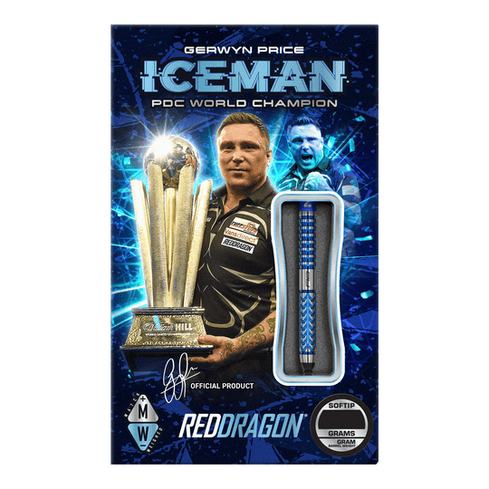 Freccette morbide Red Dragon Gerwyn Price Glacier - 18 g Das Bild zeigt die Verpackung der "Red Dragon Gerwyn Price Glacier Softdarts - 18g". Auf der Verpackung ist ein Dartspieler mit einem Pokal und einem einzelnen Softdart abgebildet.