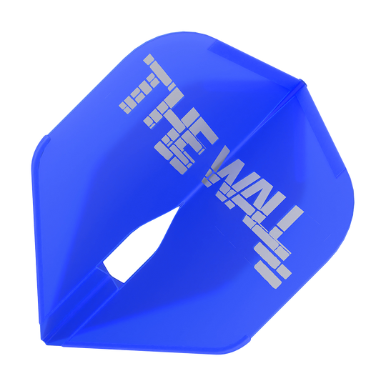Voli L-Style Martin Schindler Blue L1PRO Das Bild zeigt ein blaues Dartflight mit der Aufschrift "THE WALL". Es handelt sich um das Modell "L-Style Martin Schindler Blau L1PRO Flights".