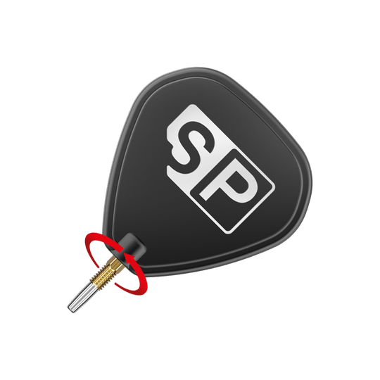 Punte per freccette Target Swiss Point Chrono - Oro Das Bild zeigt eine schwarze Dartspitze mit den weißen Buchstaben "SP" darauf. Ein roter Pfeil deutet auf eine Drehbewegung an der goldenen Schraubverbindung hin.
